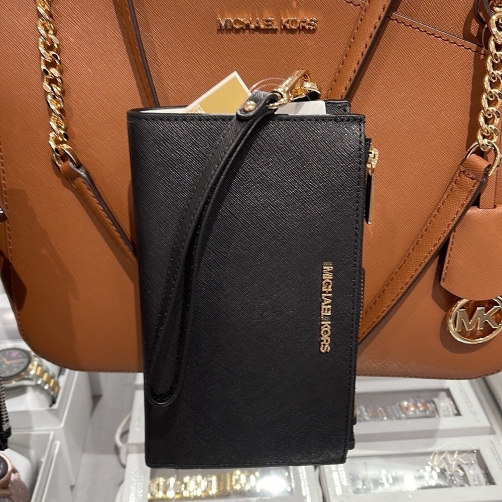MICHAEL KORS LARGE DOUBLE ZIP WRISTLET WALLET PHONE CASE CLUTCH 
Black